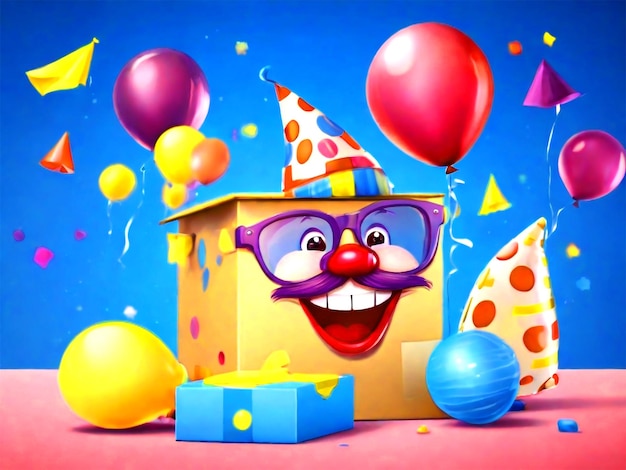 a box with balloons and a clown with a clown face on it