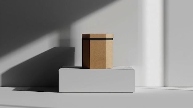 Photo a box with a black band on it sits on a white shelf