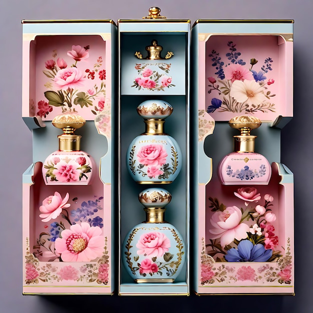 Photo a box with a blue and pink vase with flowers in it