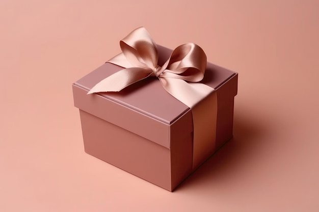 Box With Bow On Dusty Rose Color Background Copy Space Generative AI