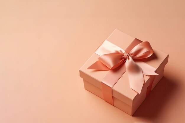 Box With Bow On Light Peach Color Background Top View Copy Space Generative AI