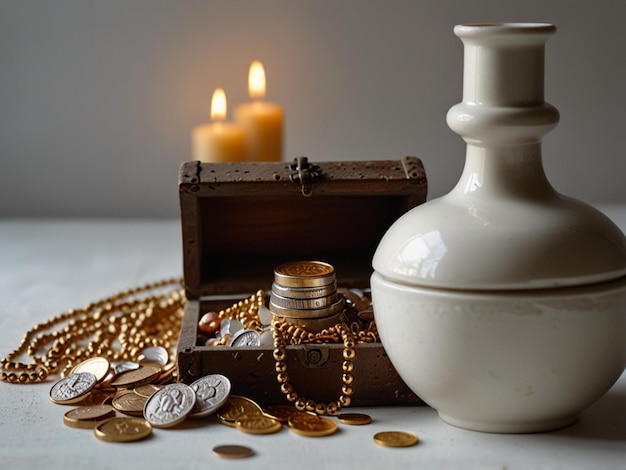 a box with a bunch of coins and a box with a bunch of gold coins in it