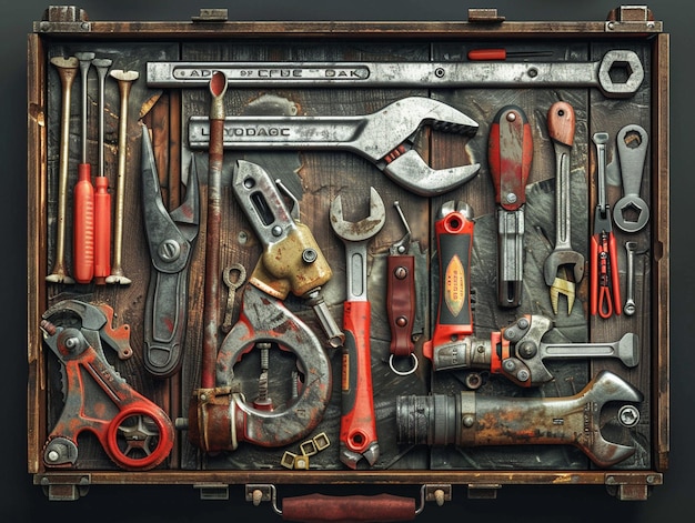 a box with a bunch of tools including one that saysthe word  on it