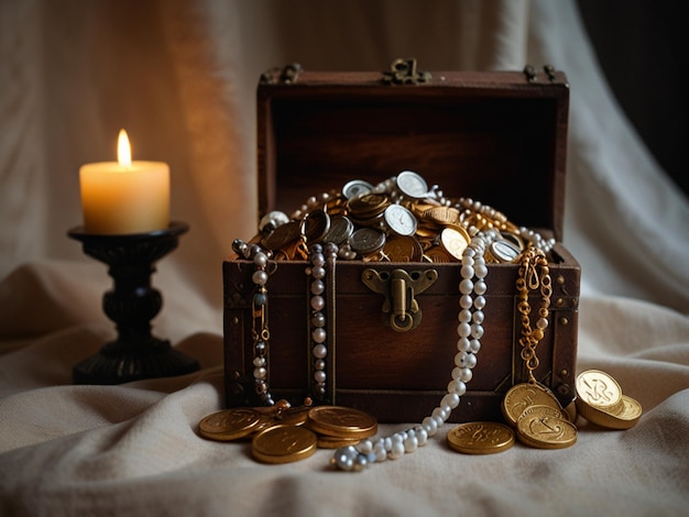 a box with a candle and some coins on it