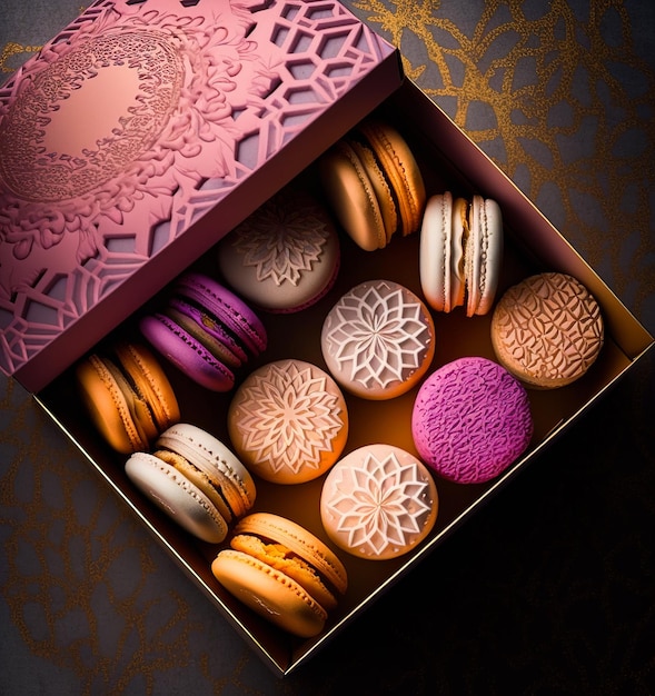 Box with delicious macarons Sweet colorful pastry biscuits Generative AI