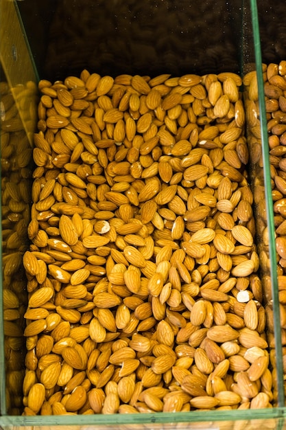 Box with fresh nuts in supermarket