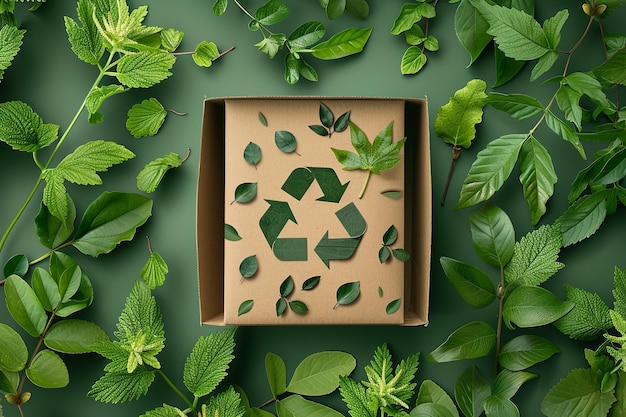 Photo a box with green leaves and a square with a green background