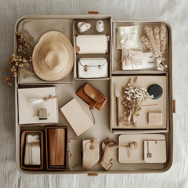 a box with a hat and other items including a hat and a hat