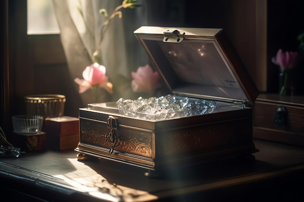 A box with ice inside and a flower in the background