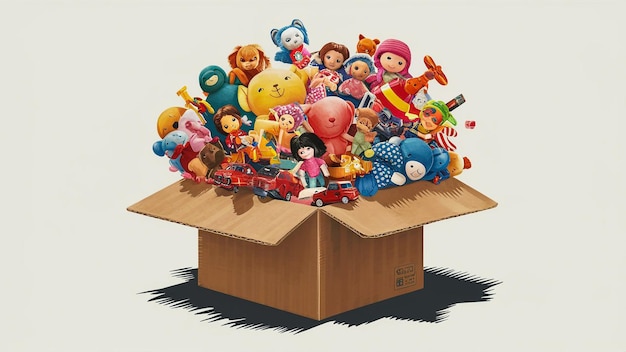 a box with many different toys and one has a sticker on it