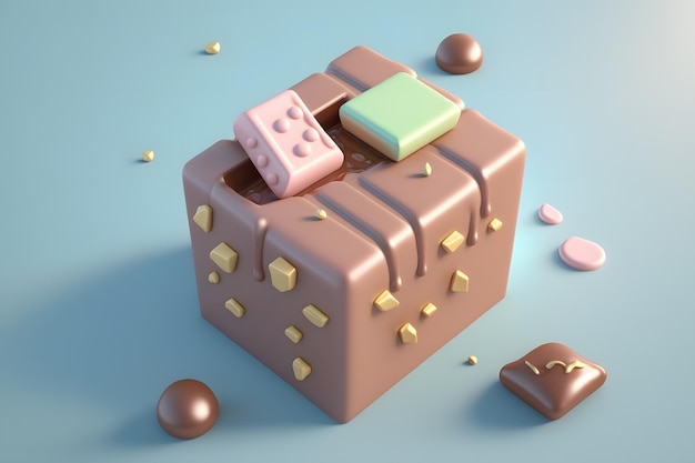 A box with a piece of chocolate in it and a small pink and green pieces of candy in the middle.