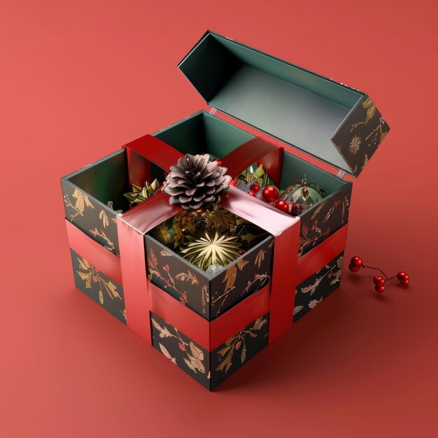 A box with a red ribbon and a pine cone on top of it