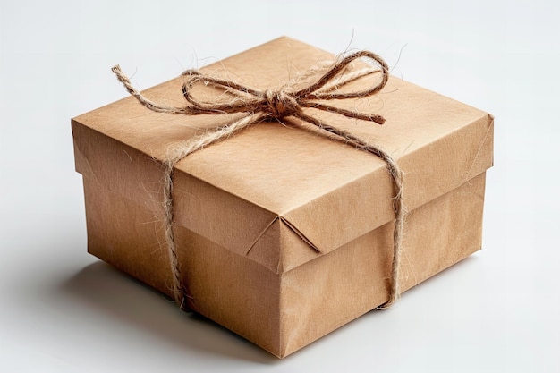 Photo a box with a ribbon tied around it is wrapped in brown rope