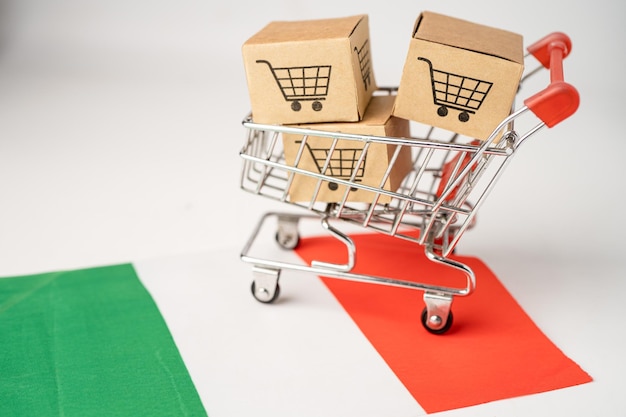 Box with shopping cart logo and Italy flag Import Export Shopping online or eCommerce finance delivery service store product shipping trade supplier concept