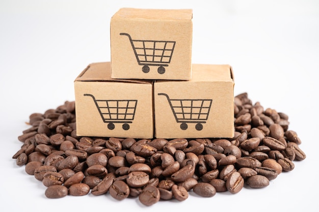 Box with shopping cart logo symbol on coffee beans Import Export Shopping online or eCommerce delivery service store product shipping trade supplier concept