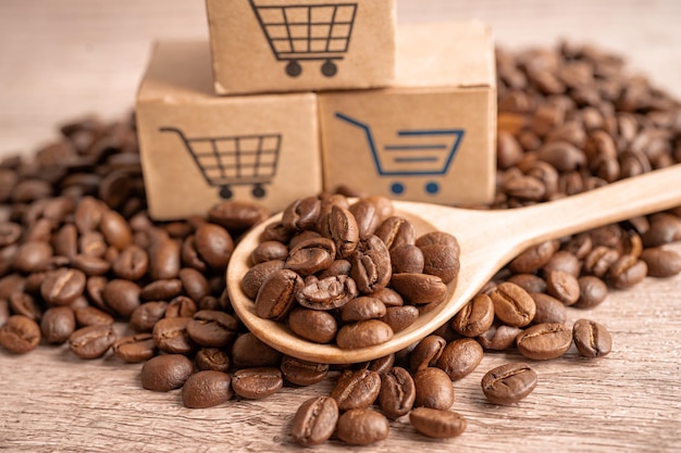 Box with shopping cart logo symbol on coffee beans Import Export Shopping online or eCommerce delivery service store product shipping trade supplier concept