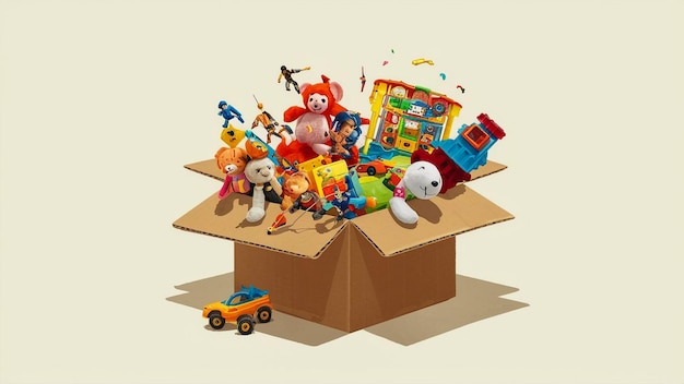 a box with toys and a toy car on it