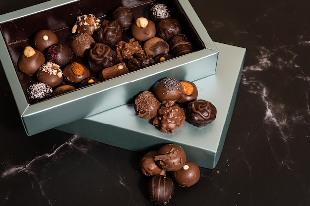 Photo box with a wide variety of chocolate bonbons