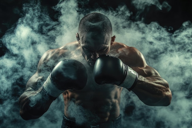 Photo boxer in a boxing ring with smoke in the background