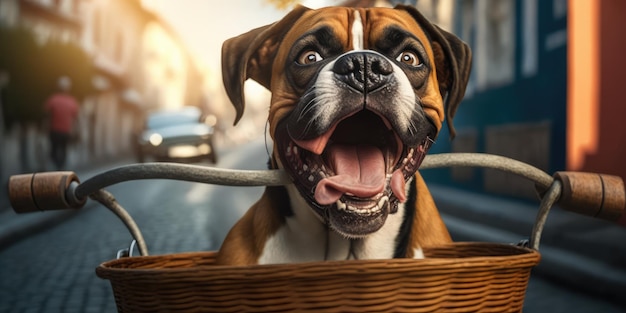 Boxer dog have fun bicycle ride on sunshine day morning in summer on town street