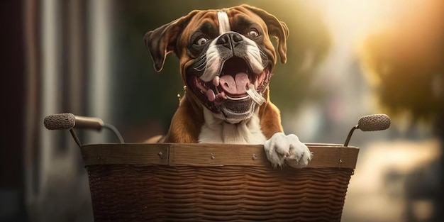 Boxer dog have fun bicycle ride on sunshine day morning in summer on town street