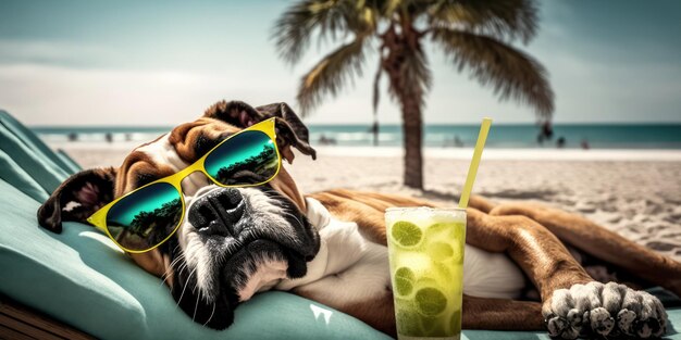 Boxer dog is on summer vacation at seaside resort and relaxing rest on summer beach of Hawaii