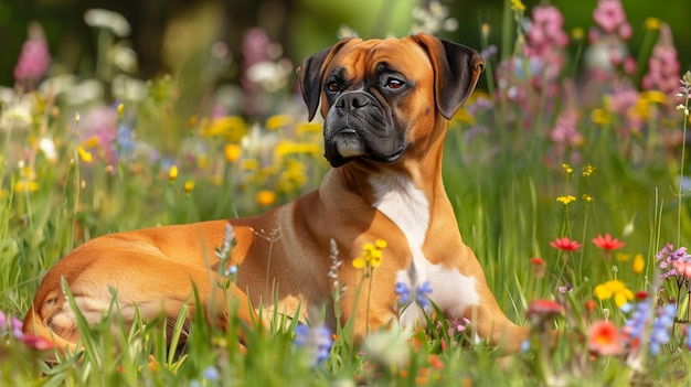 Boxer Dog Relaxing in Colorful Wildflower Meadow