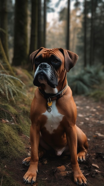 A boxer dog sits in a forest with the title boxer.