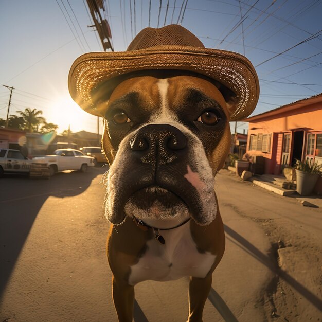 Boxer dog wearing a sombrero in Mexico staring at camera