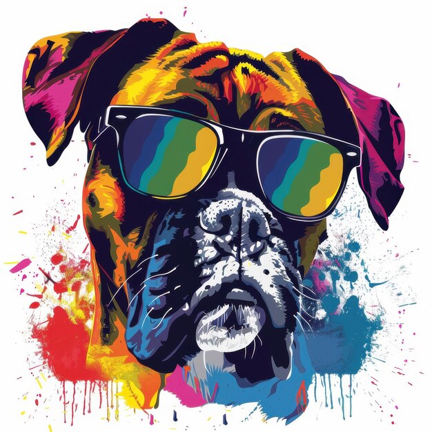 Boxer dog wearing sunglasses in colorful pop art style