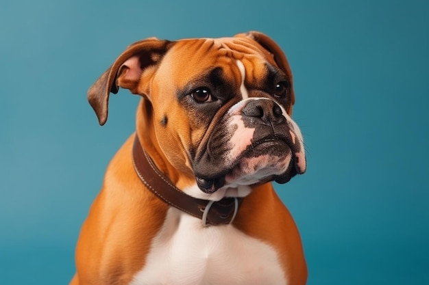 A boxer dog with a brown collar sits on a blue background.