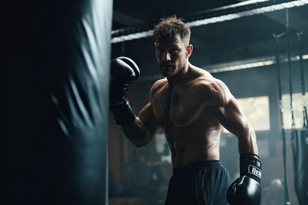 Boxer hitting a huge punching bag at a boxing gym Man boxer training