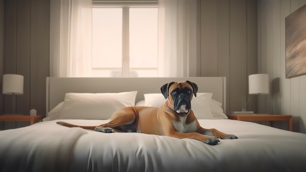 Boxer is lying on bed in hotel room with contemporary interior