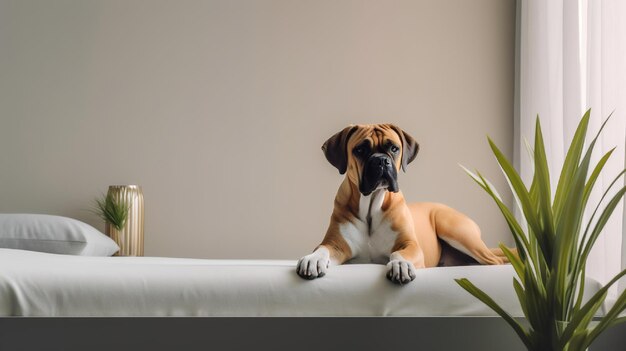 Boxer is lying on bed in hotel room with contemporary interior