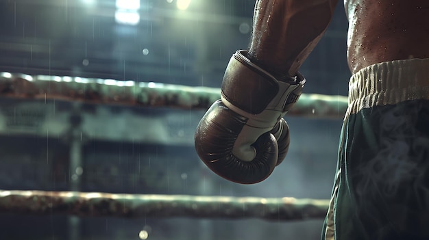 Photo boxer is standing on the boxing ring from back view