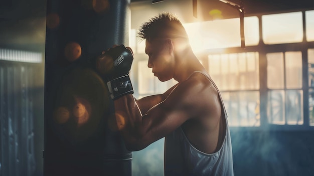 Photo a boxer leans against a punching bag in a gym illuminated by the soft glow of morning light reflecting on their training with determination