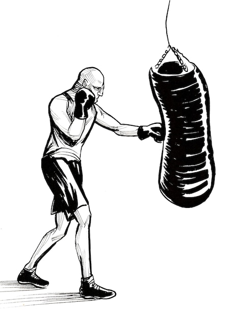 Boxer punching boxing bag. Ink black and white drawing