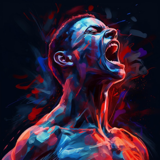 A boxer shouting covered in red and blue paint