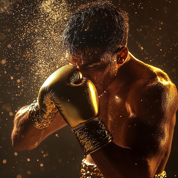 Photo boxer wearing gold gloves captured midpunch