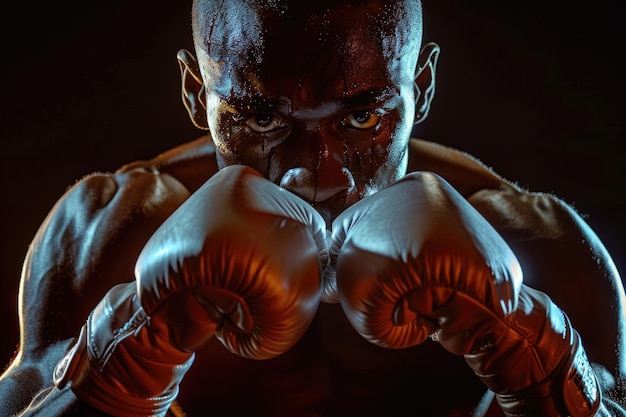 Photo a boxer with boxing gloves in the dark