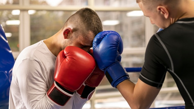 Boxer with gloves training with man in the ring