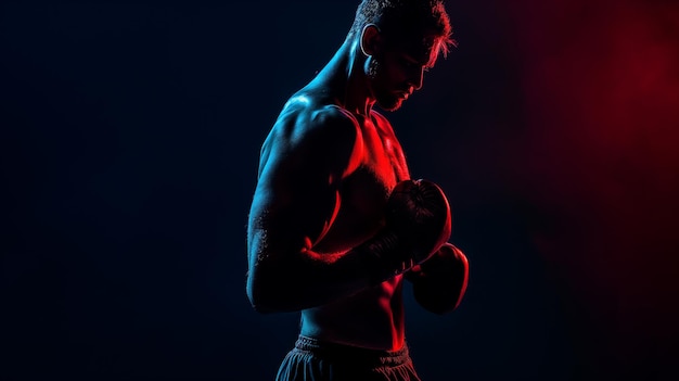 a boxer with a red light on his chest is in the dark