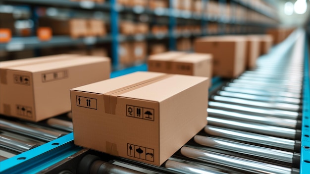 Boxes on a Conveyor Belt in a Warehouse