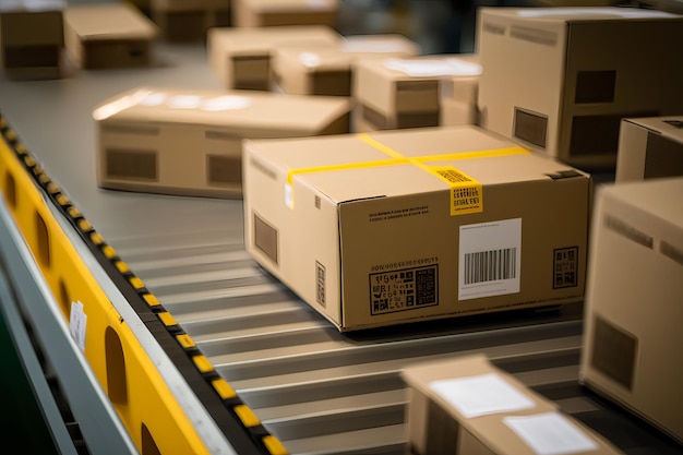 Boxes on a conveyor belt in a warehouse