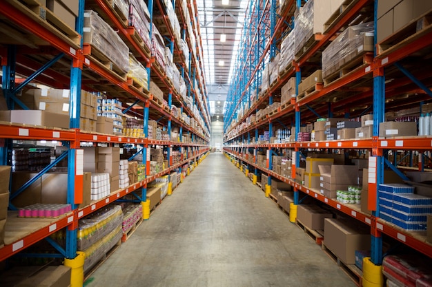 Boxes kept on shelves in the warehouse