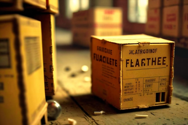 Boxes labeled fragile with special handling instructions scattered throughout the warehouse