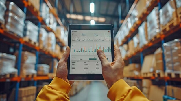 Boxes piled on shelves can be seen in the background and the warehouse worker is carrying an iPad with a dashboard displaying statistics and visuals