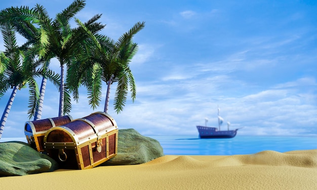 Boxes or treasure chests wooden treasure chests put on the beach at a deserted island