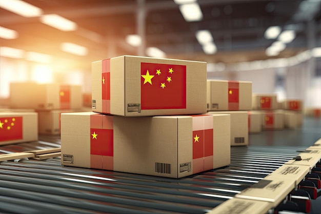 Boxes with flag of China on the conveyor belt 3D rendering Cardboard boxes with text made in China and chinese flag on the roller conveyor AI Generated