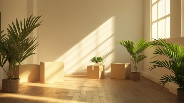 Boxes with indoor plants in an empty room